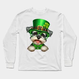 St Patricks Day Peeking Miniature Schnauzer Dog Long Sleeve T-Shirt